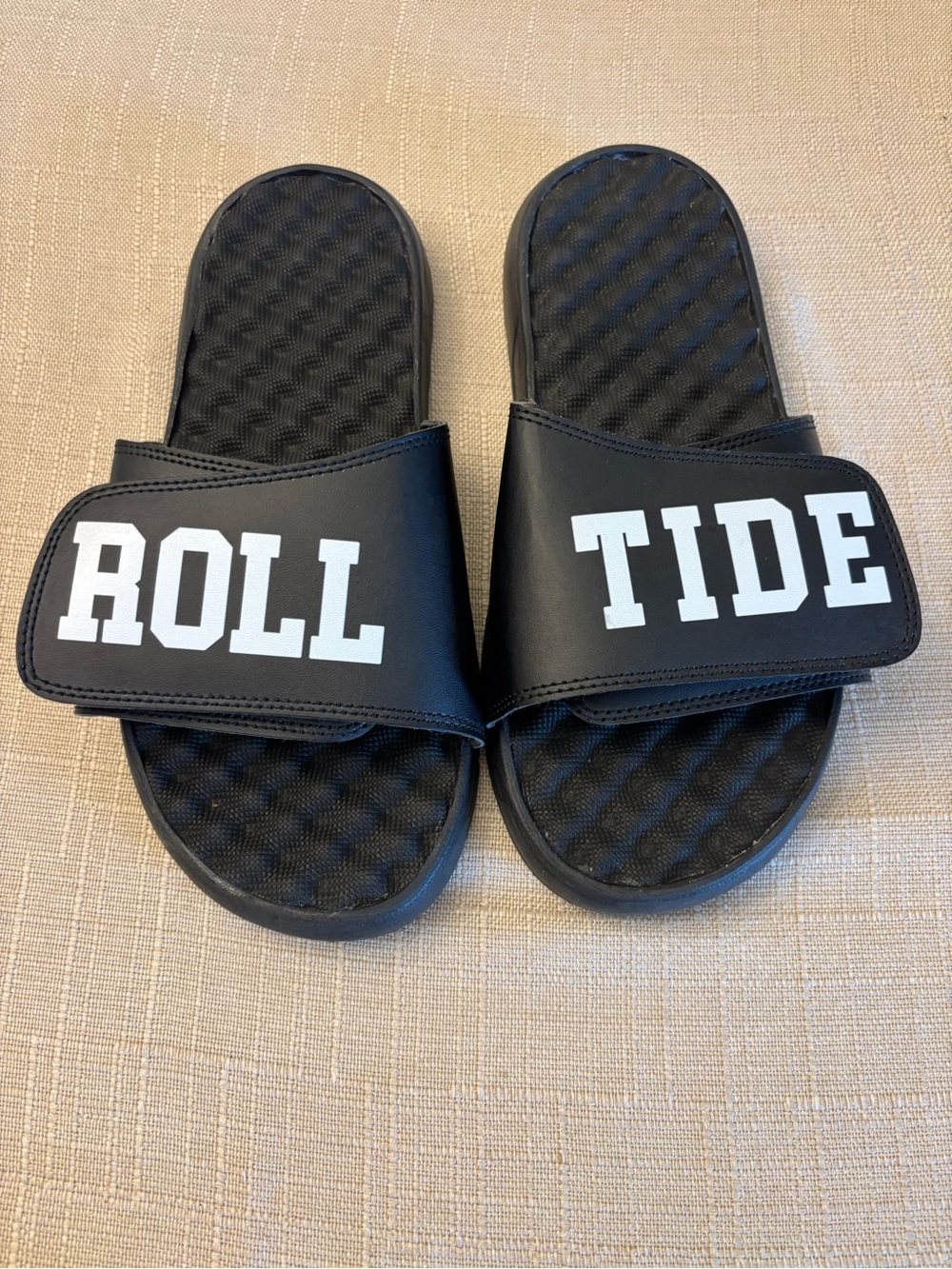 Abella Black Slide Sandals with White "ROLL TIDE" Lettering